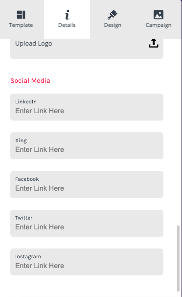 A form to fill with social media links